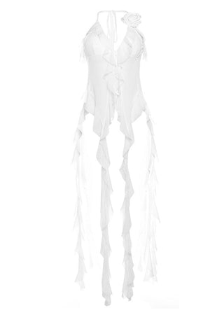 Sheer Mesh Halterneck Ruffle Ribbon Tops