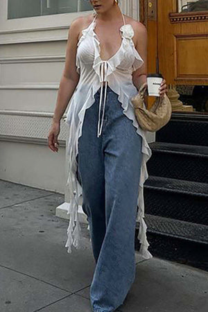 Sheer Mesh Halterneck Ruffle Ribbon Tops