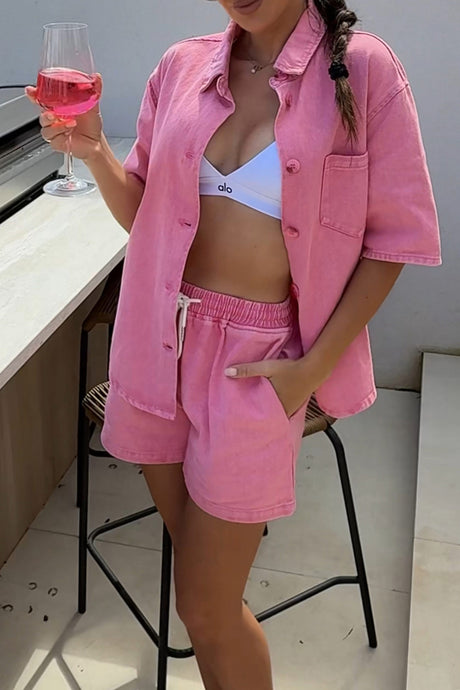Arolora Short Sleeve Denim Shirt Shorts Set