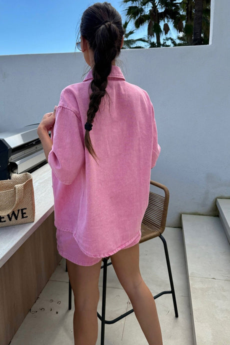 Arolora Short Sleeve Denim Shirt Shorts Set
