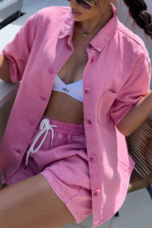 Arolora Short Sleeve Denim Shirt Shorts Set