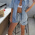 Arolora Short Sleeve Denim Shirt Shorts Set