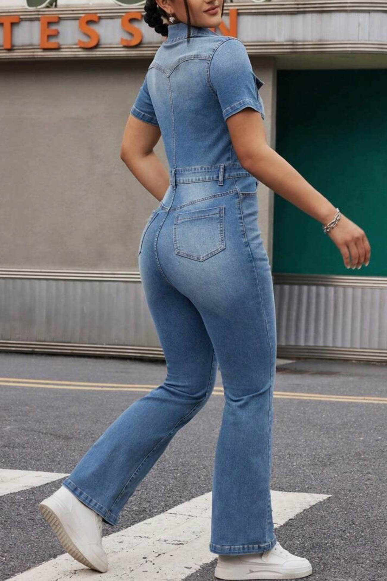 Arolora short-sleeve-high-waist-denim-jumpsuits