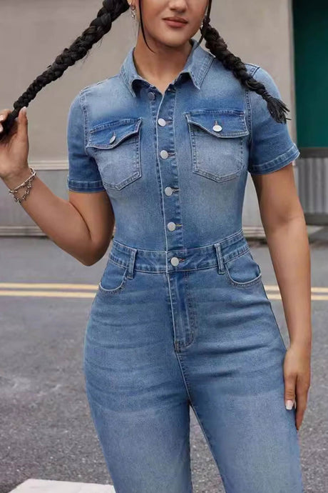 Arolora short-sleeve-high-waist-denim-jumpsuits