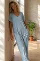 Short Sleeve V Neck Pocket Baggy Jumpsuit