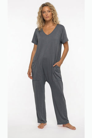 Short Sleeve V Neck Pocket Baggy Jumpsuit