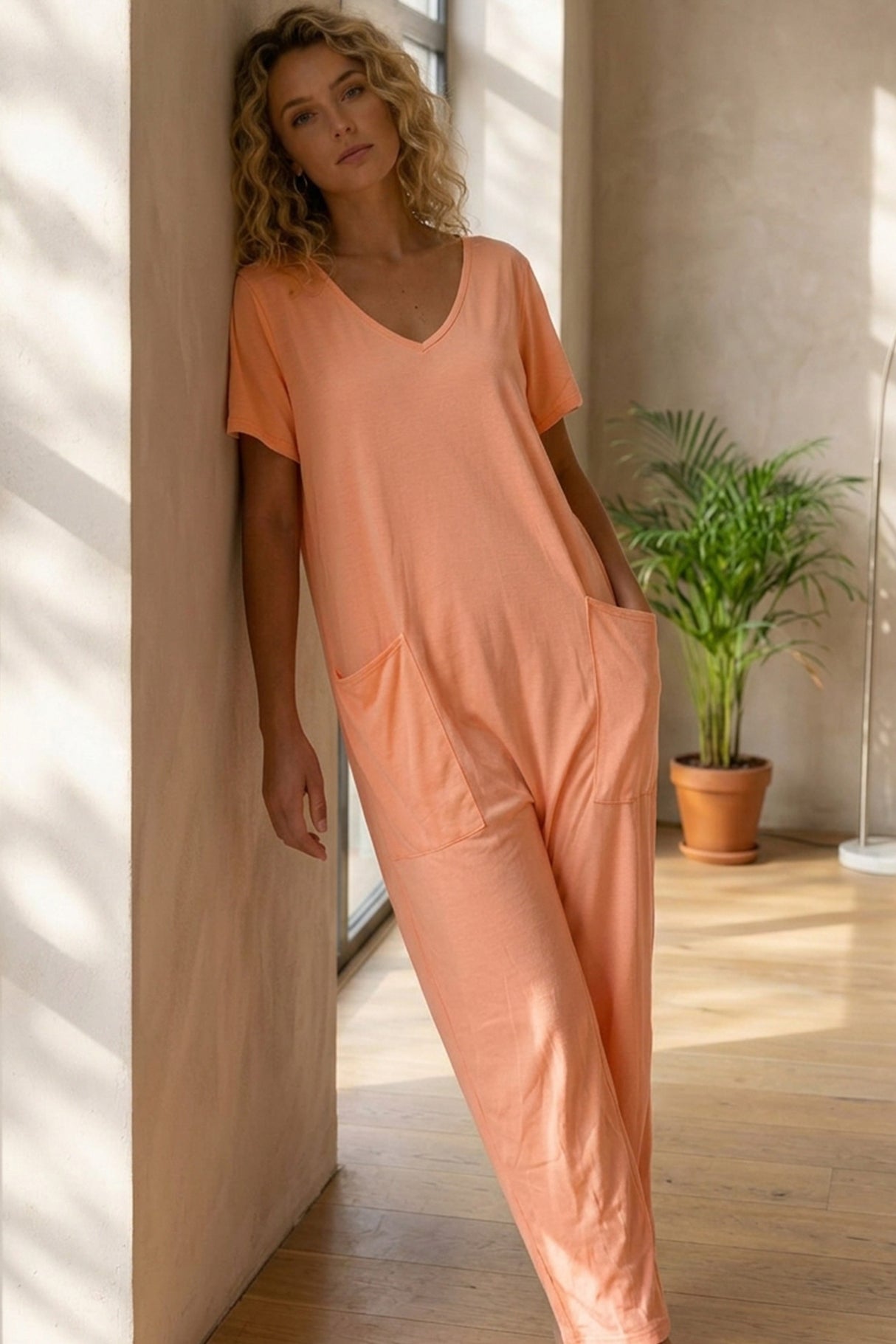 Short Sleeve V Neck Pocket Baggy Jumpsuit