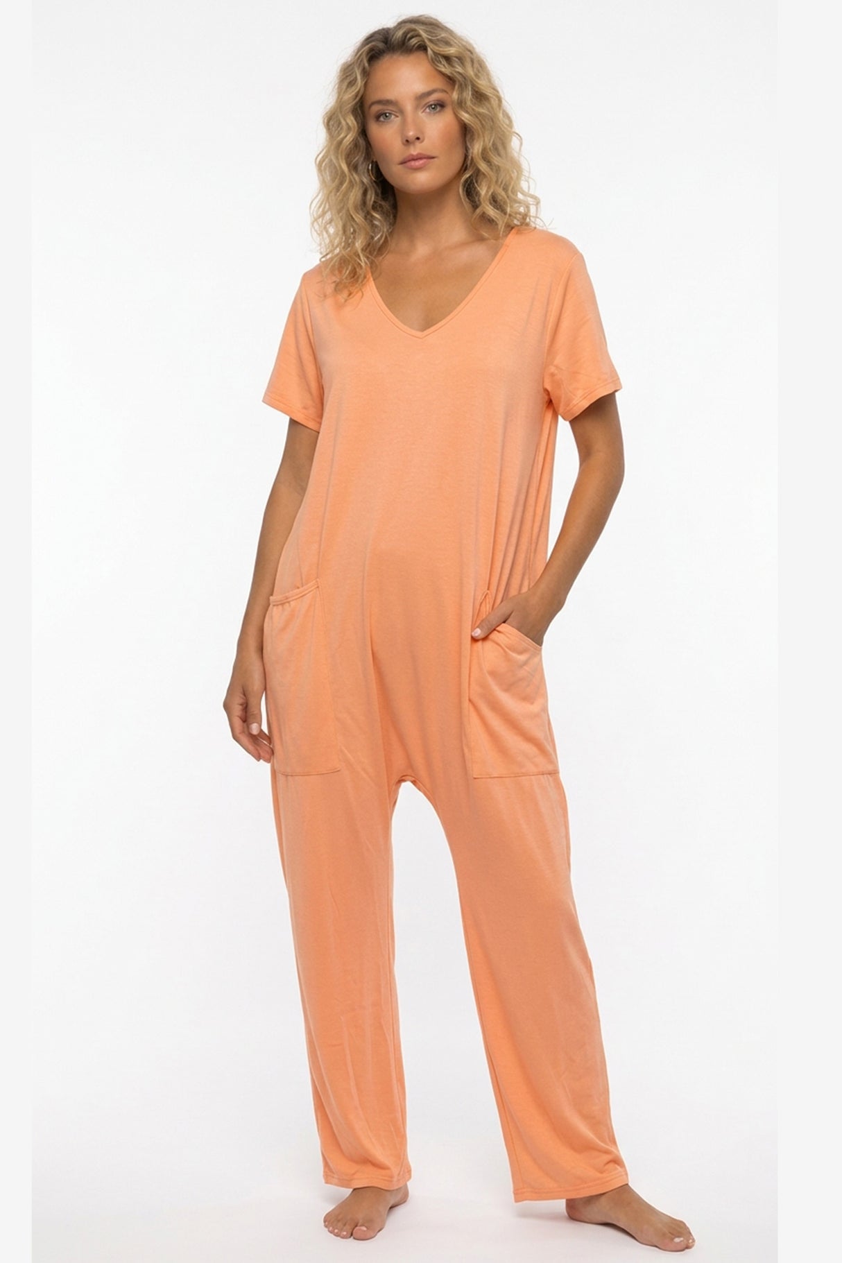 Short Sleeve V Neck Pocket Baggy Jumpsuit