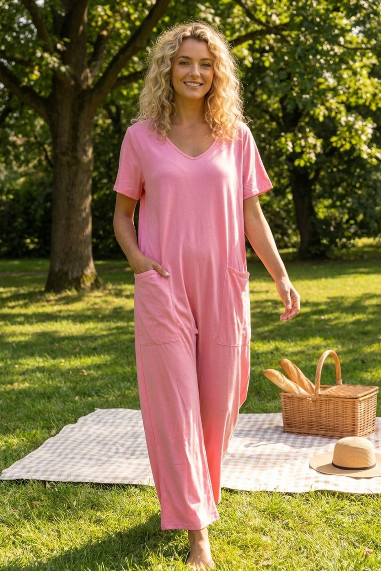 Short Sleeve V Neck Pocket Baggy Jumpsuit