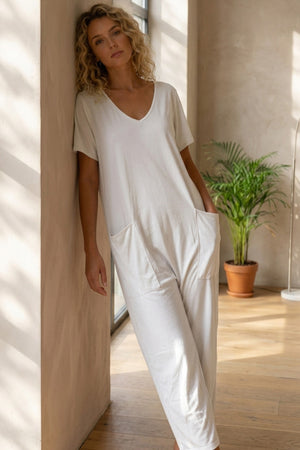 Short Sleeve V Neck Pocket Baggy Jumpsuit