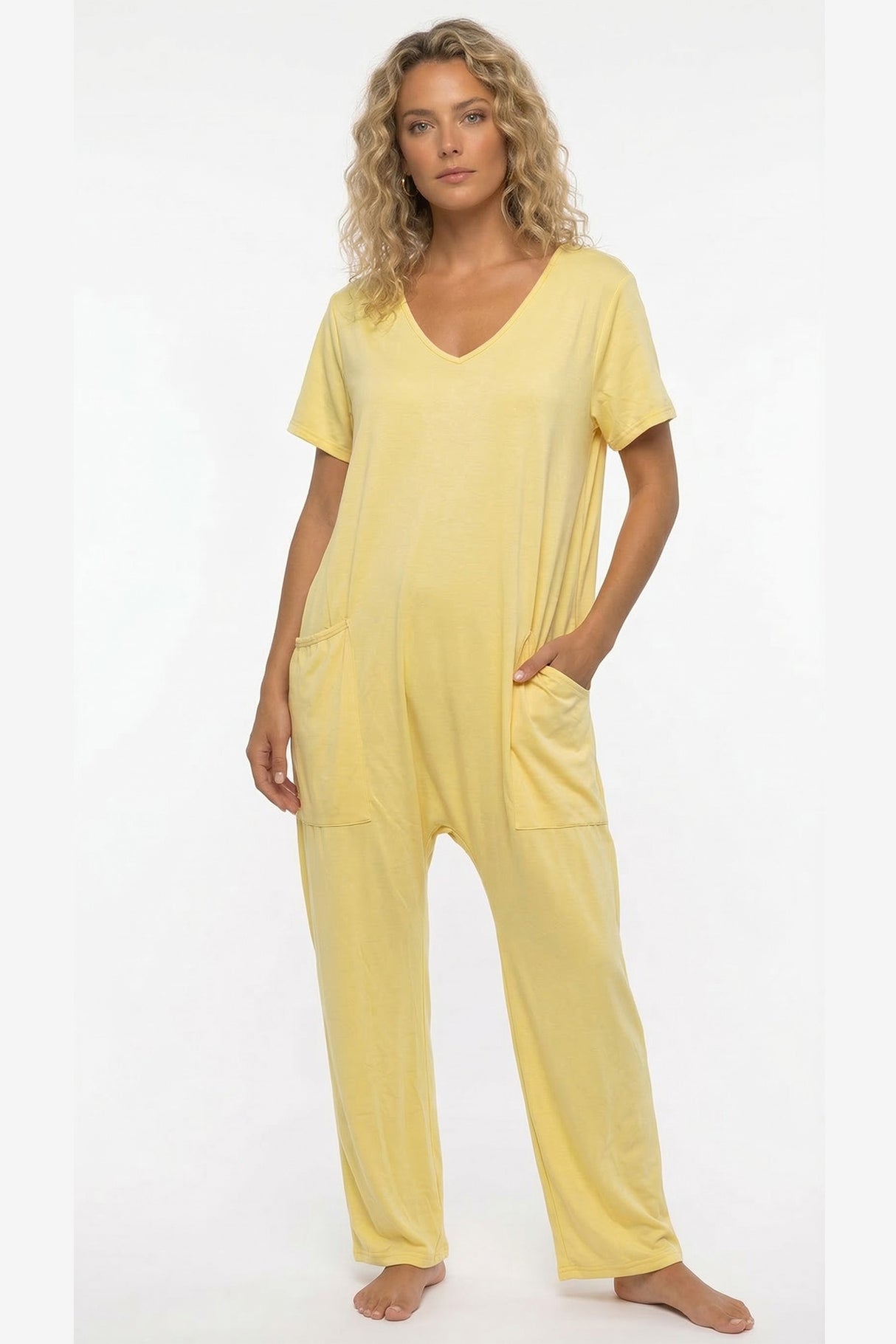 Short Sleeve V Neck Pocket Baggy Jumpsuit