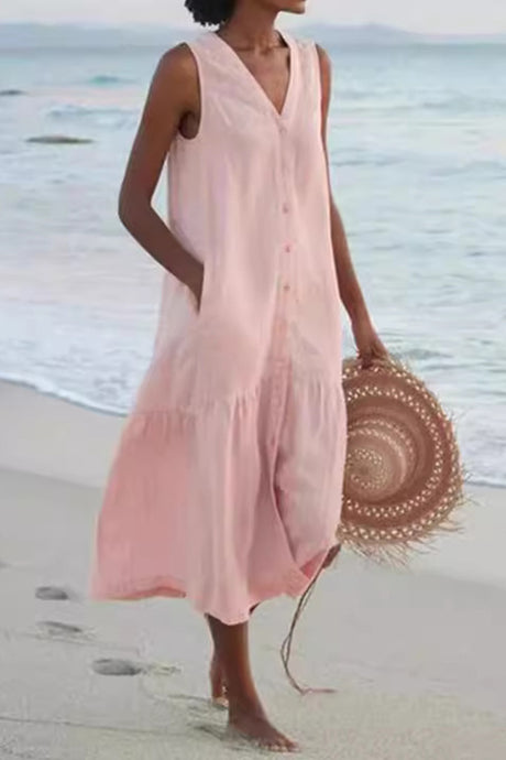 Single-breasted Sleeveless Pocketed Cotton Dress