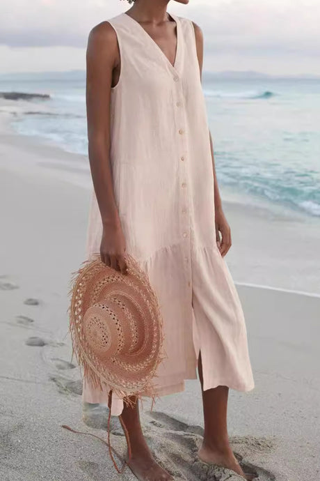 Single-breasted Sleeveless Pocketed Cotton Dress