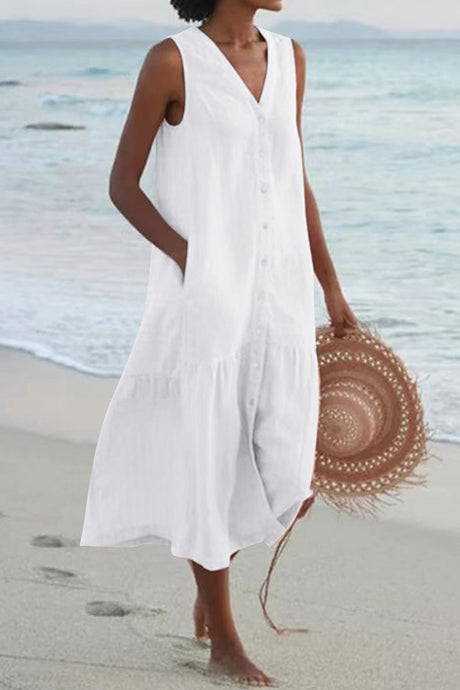 Single-breasted Sleeveless Pocketed Cotton Dress