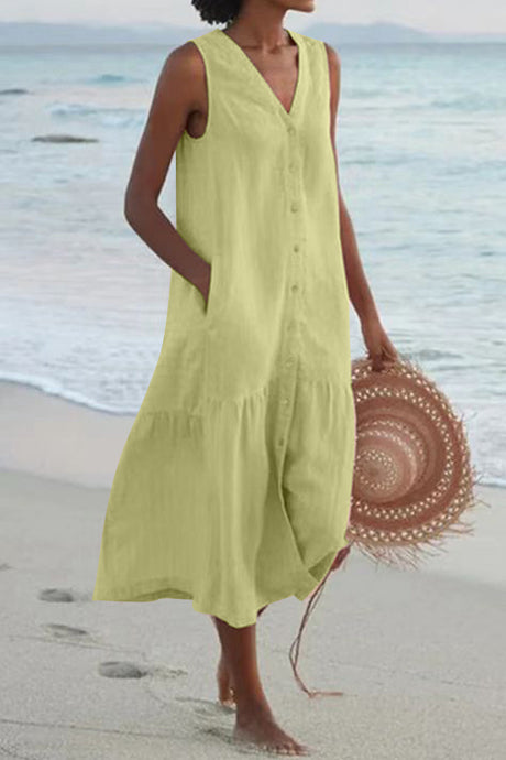Single-breasted Sleeveless Pocketed Cotton Dress