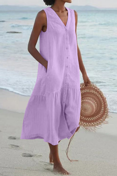 Single-breasted Sleeveless Pocketed Cotton Dress
