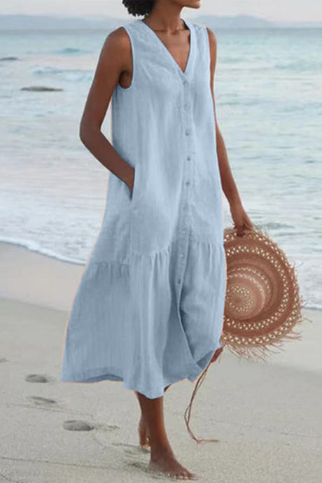 Single-breasted Sleeveless Pocketed Cotton Dress