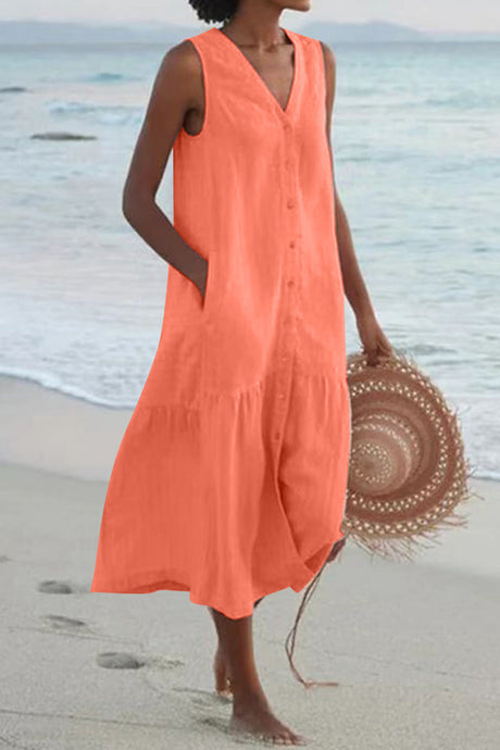 Single-breasted Sleeveless Pocketed Cotton Dress