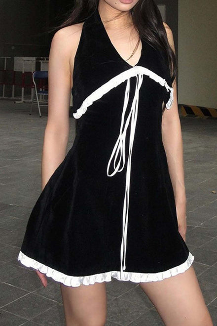 AROLORA Rhinestone Fringe Backless Mini Dress Black / S