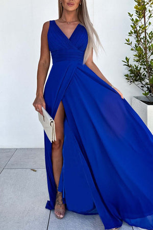 Sleeveless V Neck Ruched Backless Slit Dress