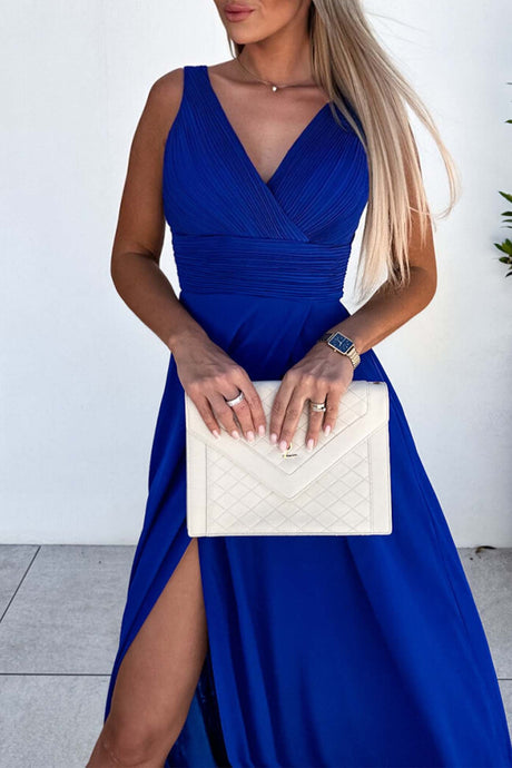 Sleeveless V Neck Ruched Backless Slit Dress