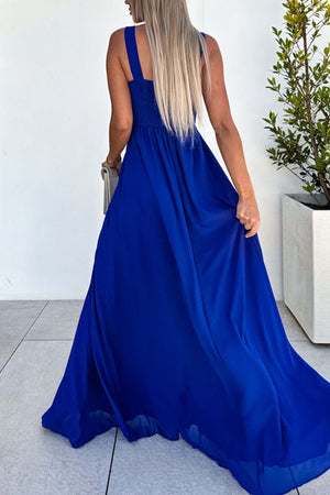 Sleeveless V Neck Ruched Backless Slit Dress