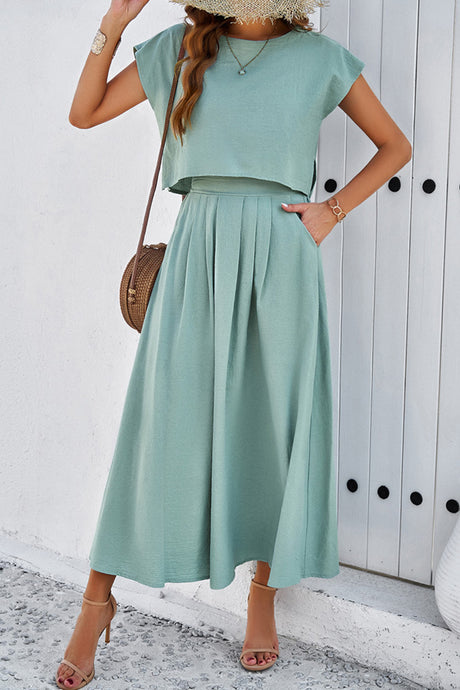 Slit Crop Top Ruched Midi Skirt Suits