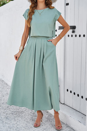 Slit Crop Top Ruched Midi Skirt Suits