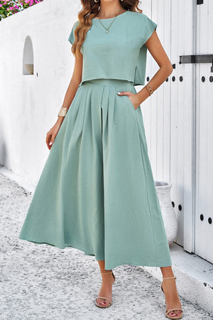 Slit Crop Top Ruched Midi Skirt Suits