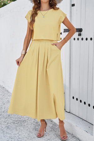 Slit Crop Top Ruched Midi Skirt Suits