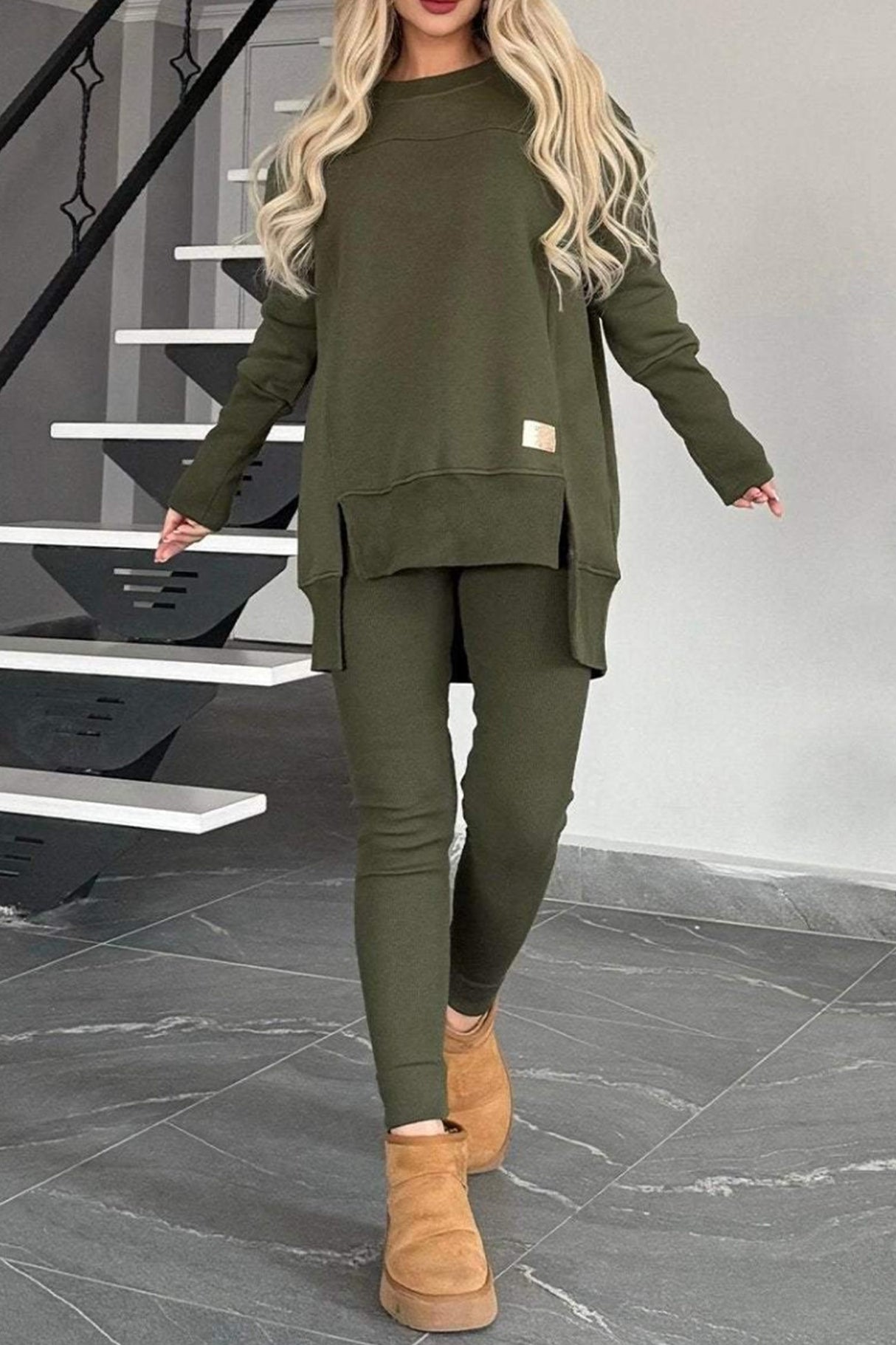Slit High Low Hem Sweatshirt Bodycon Pants Set