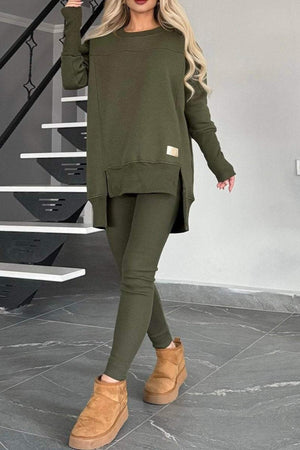 Slit High Low Hem Sweatshirt Bodycon Pants Set