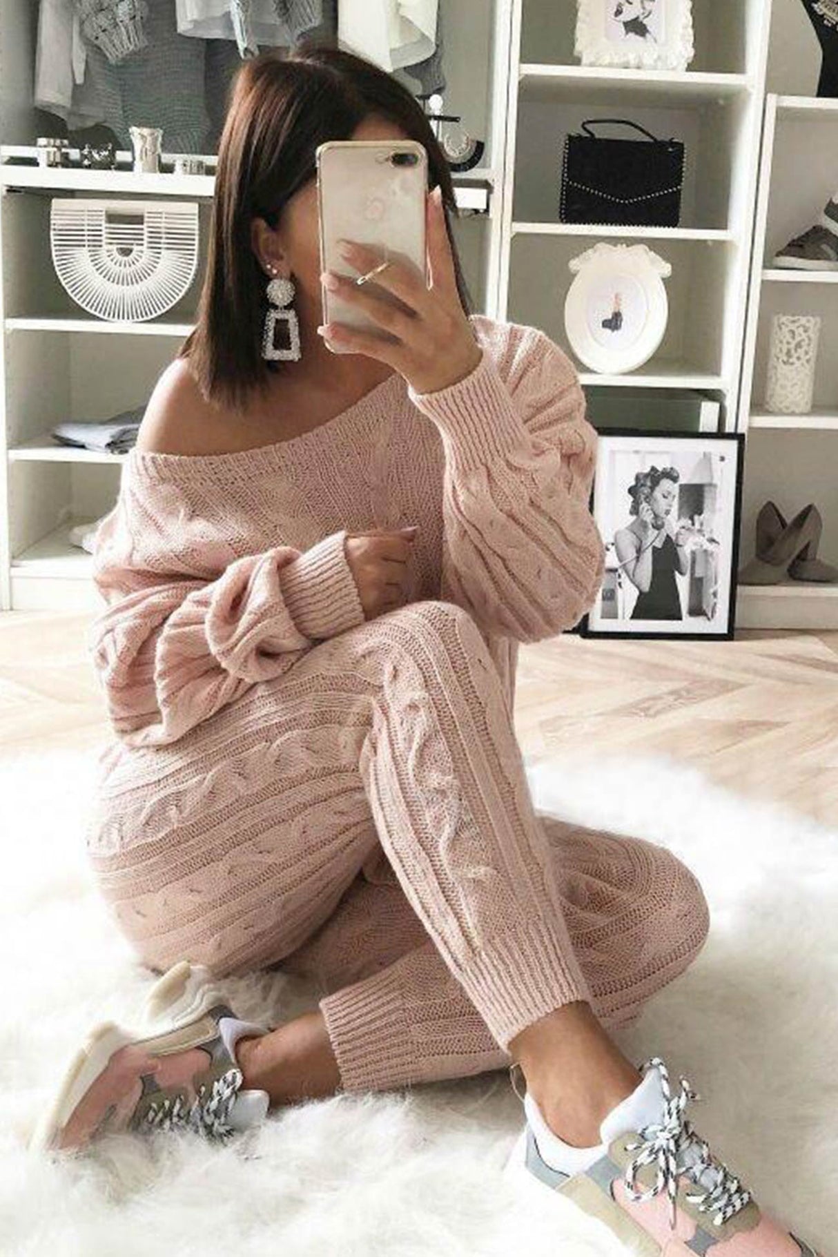 Sloping Shoulder Cable Knit Pants Set