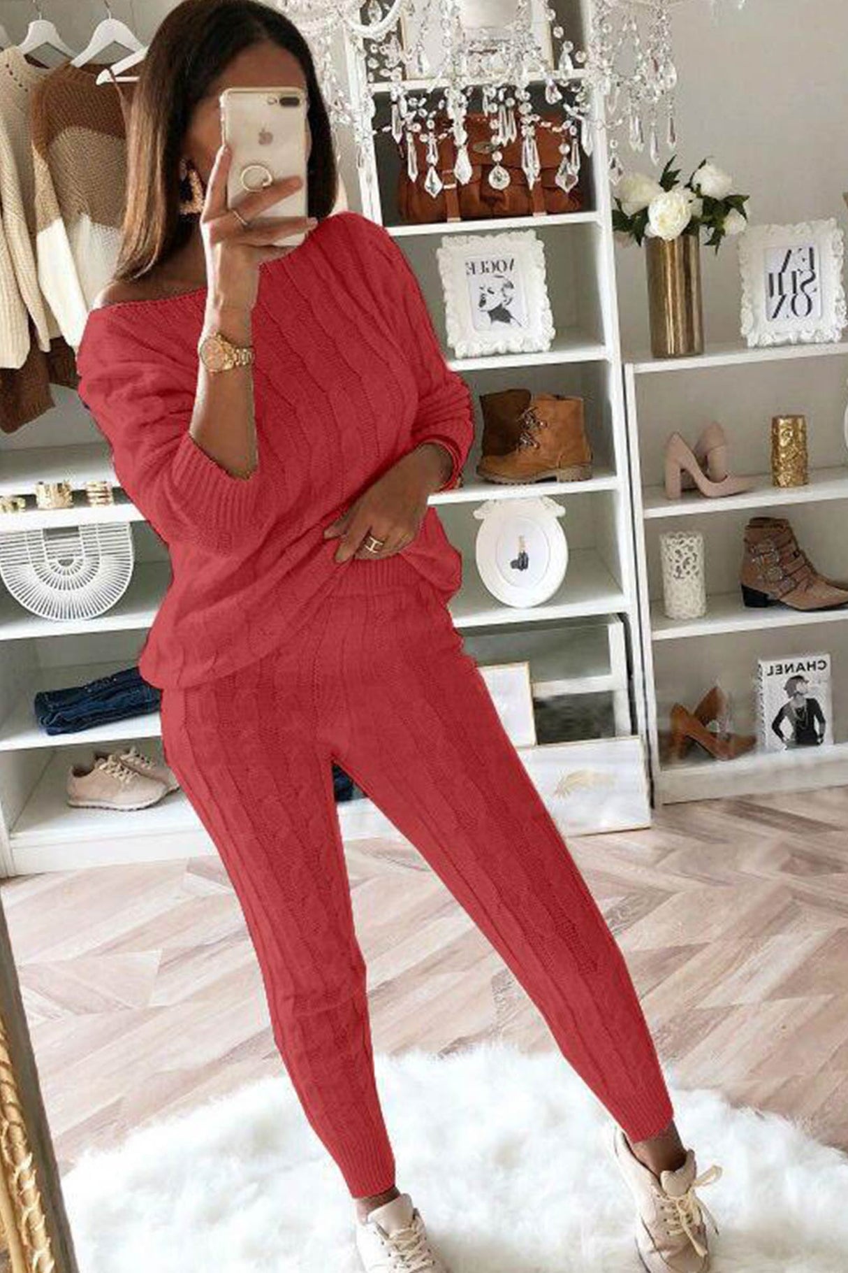 Sloping Shoulder Cable Knit Pants Set