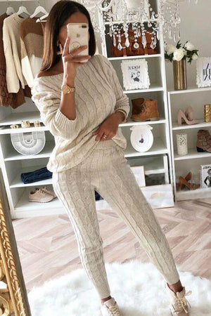Sloping Shoulder Cable Knit Pants Set