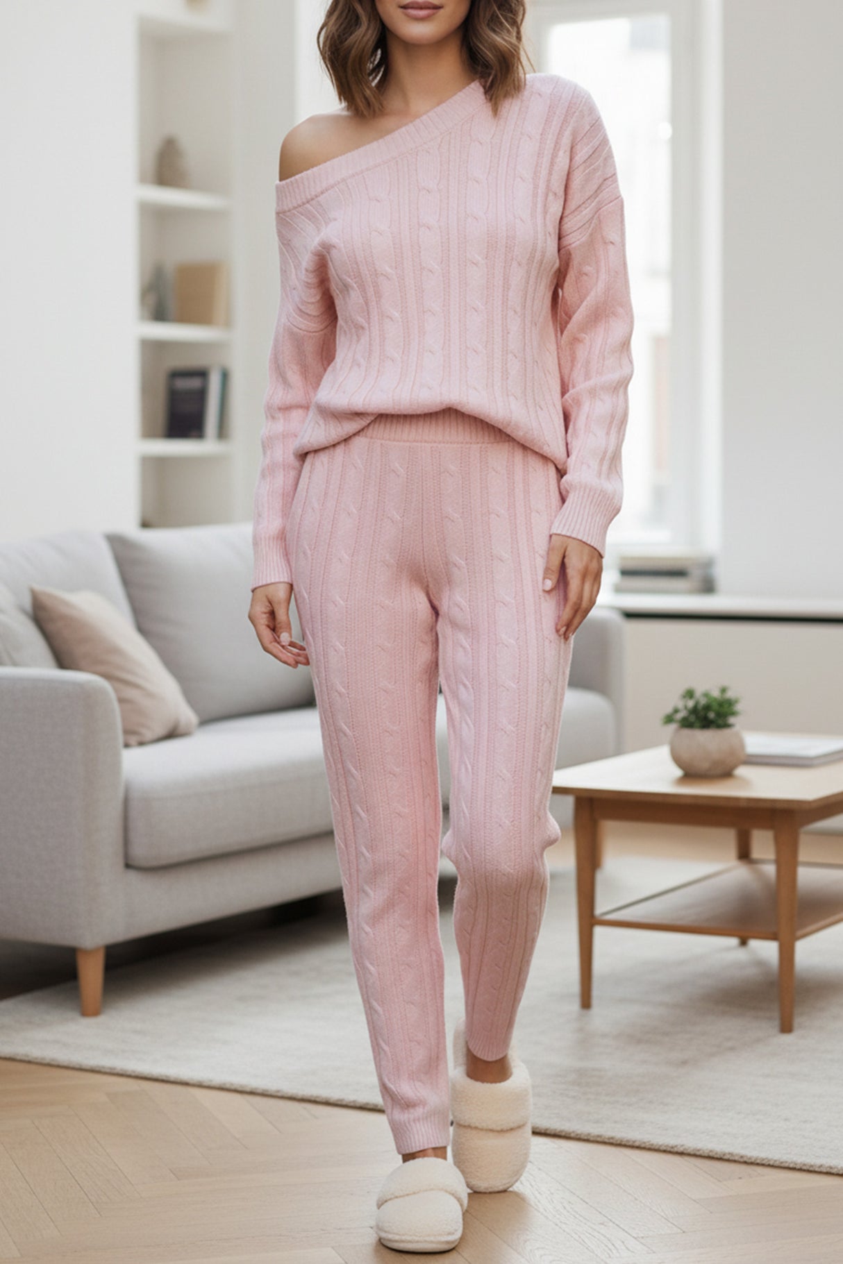 Sloping Shoulder Cable Knit Pants Set