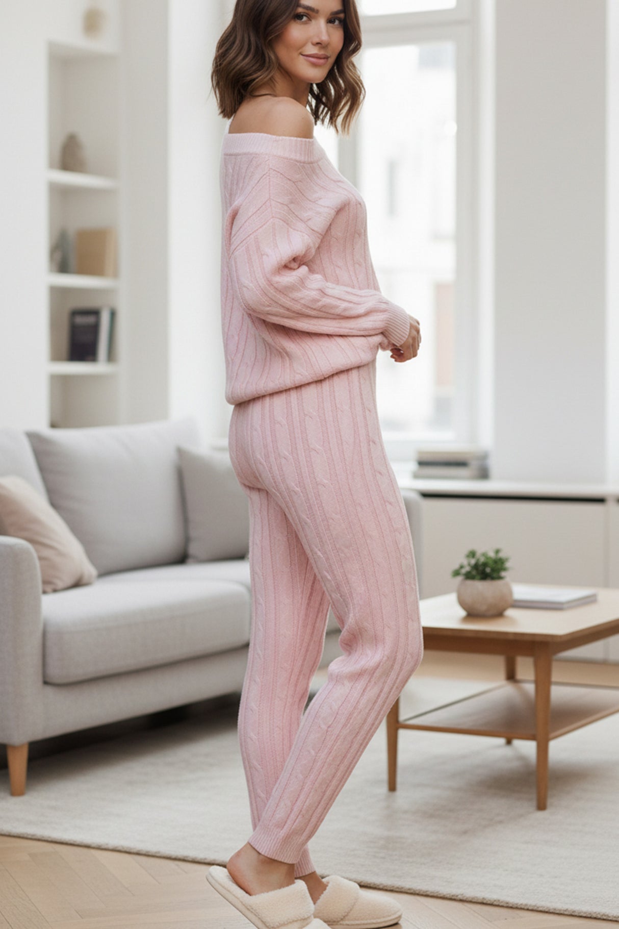 Sloping Shoulder Cable Knit Pants Set