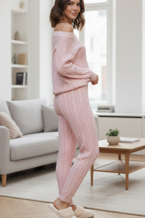 Sloping Shoulder Cable Knit Pants Set