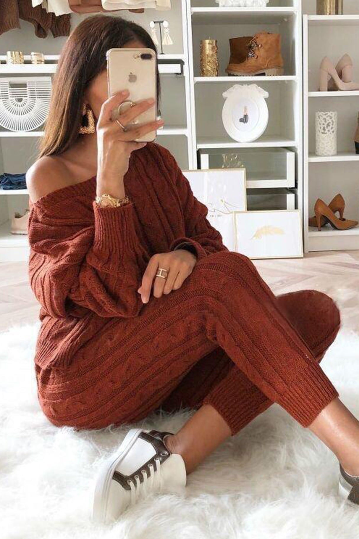 Sloping Shoulder Cable Knit Pants Set