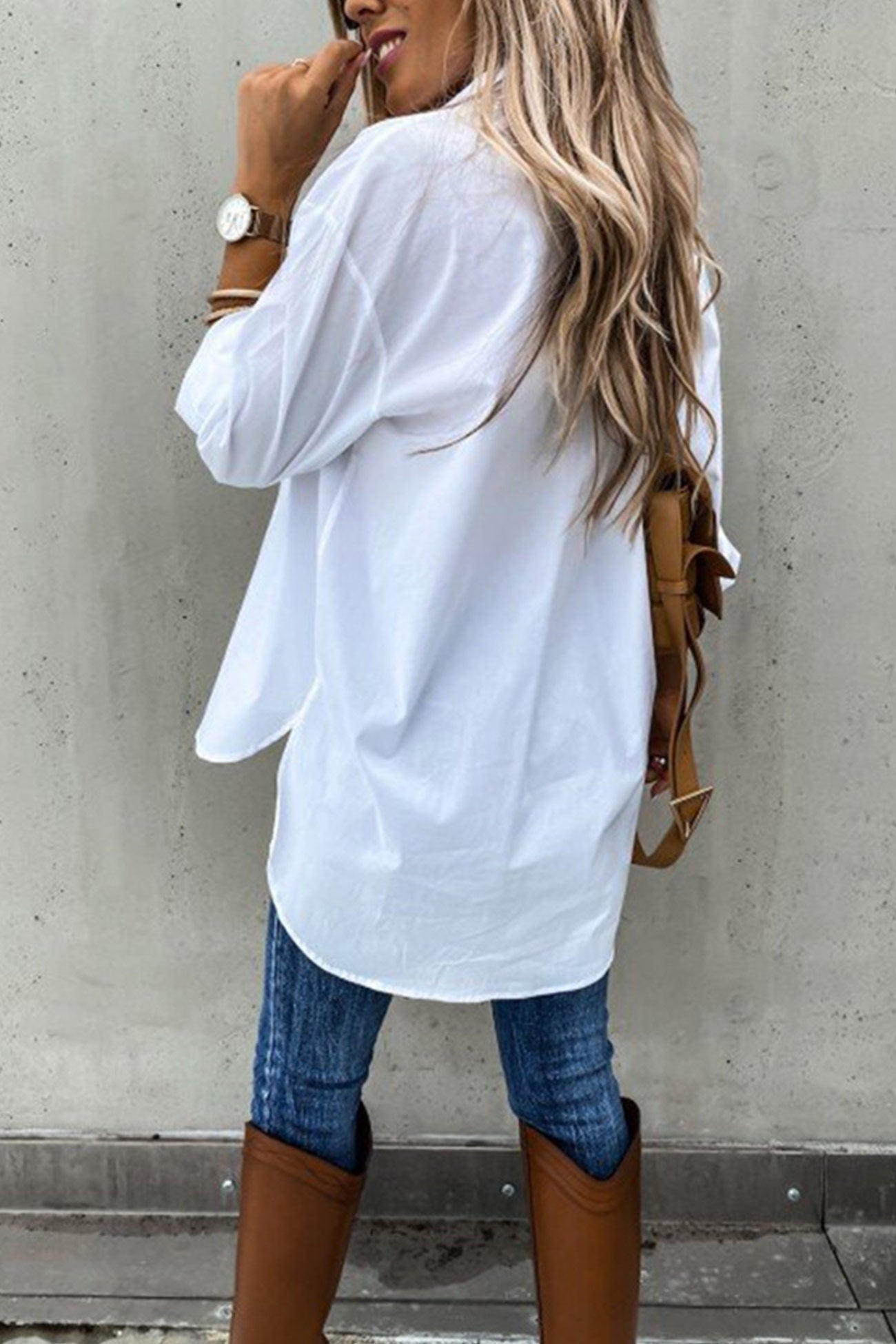 Arolora Solid Button-down High Low Hem Blouse
