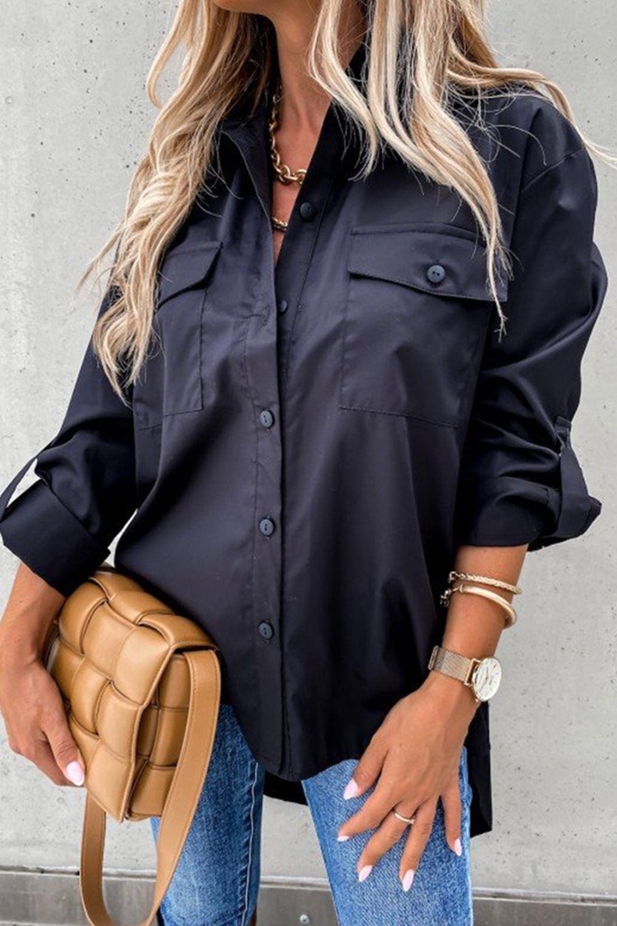 Arolora Solid Button-down High Low Hem Blouse