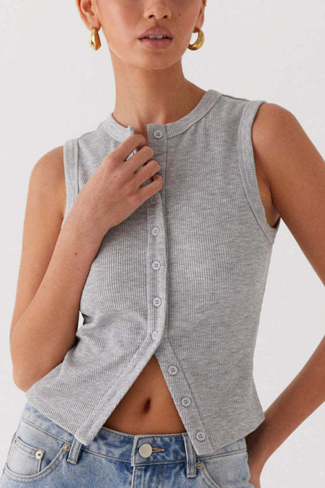 Arolora Solid Color Button-down Knit Tank Top