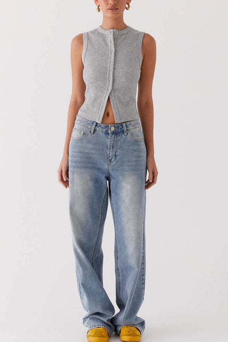 Arolora Solid Color Button-down Knit Tank Top