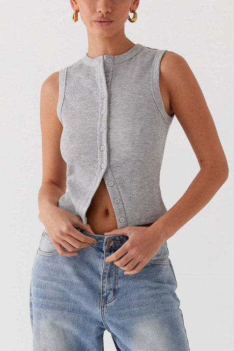 Arolora Solid Color Button-down Knit Tank Top