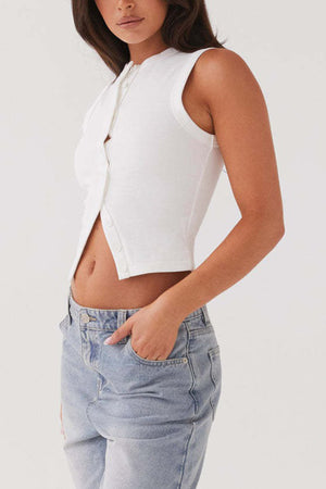 Arolora Solid Color Button-down Knit Tank Top