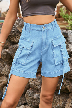 Solid Color Cargo Denim Shorts
