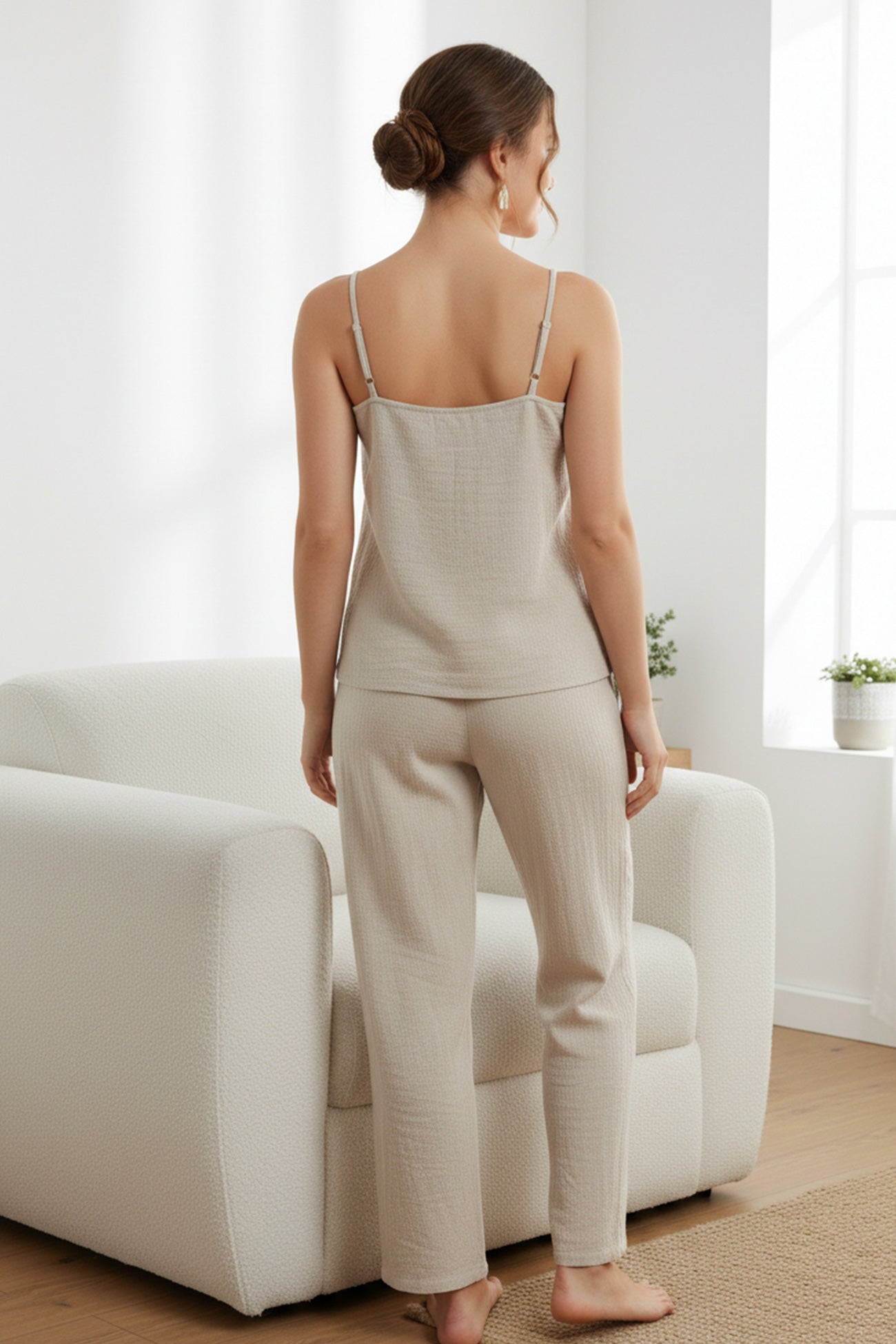 Solid Color Cotton Spaghetti Straps Long Pants Set