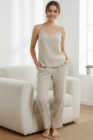 Solid Color Cotton Spaghetti Straps Long Pants Set