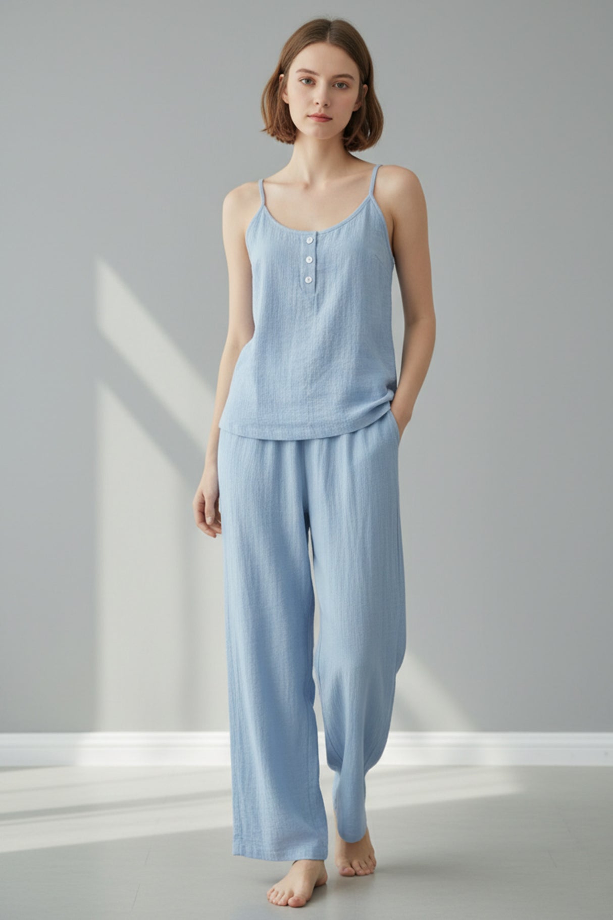Solid Color Cotton Spaghetti Straps Long Pants Set