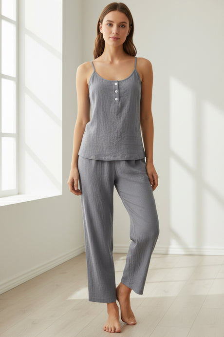 Solid Color Cotton Spaghetti Straps Long Pants Set